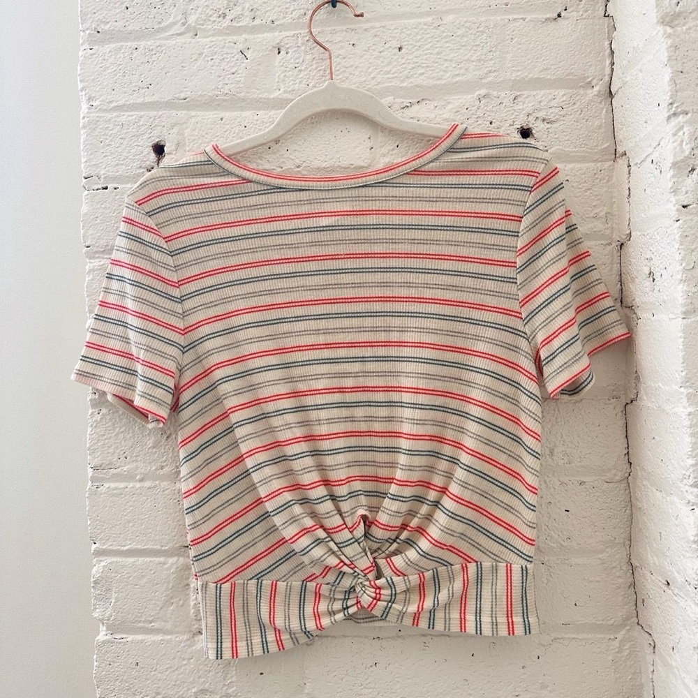 Butter/Canary Yellow Crop Retro Tie Front Tee with Green and Red Stripes